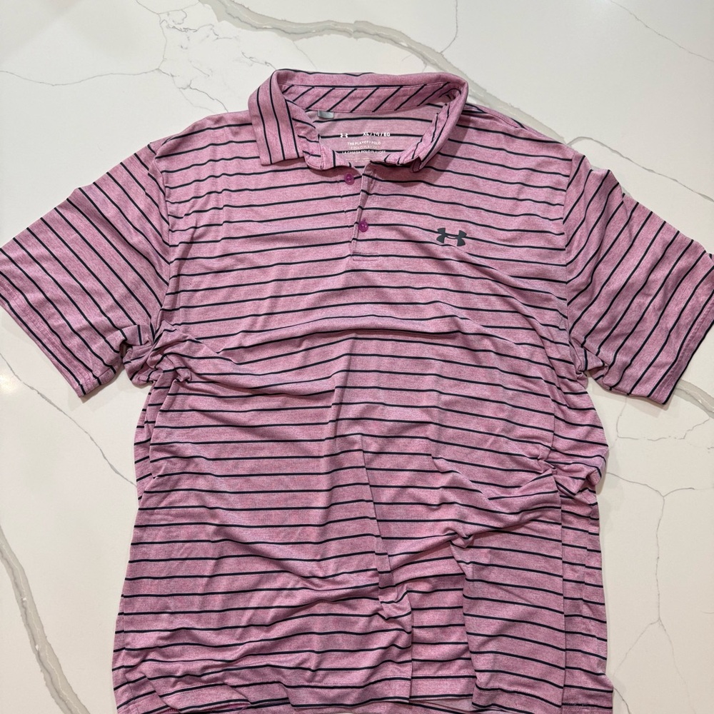 Under Armour Men’s Striped Polo Shirt Pink Black Performance Golf Shirt Size XL